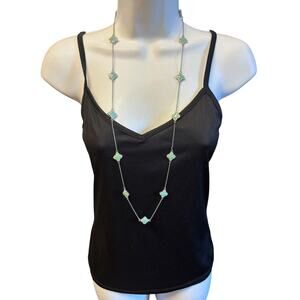 Long Silver Tone Clover Station Necklace Green Faux Stone Quatrefoil